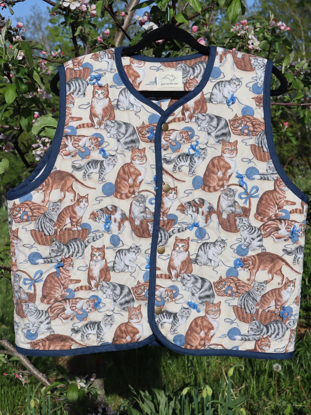 Upcycled Cat Vintage Print Quilt Vest in Cream and Blue